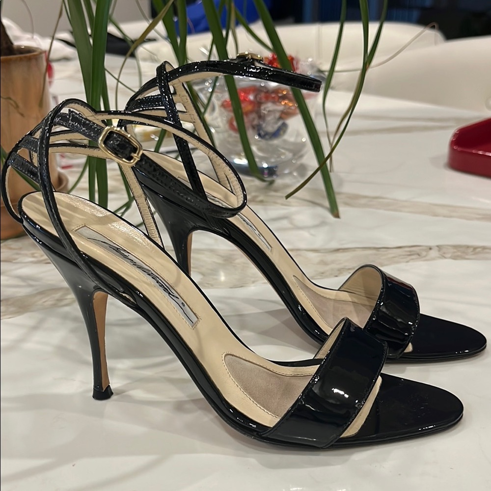 EUC Brian Atwood black patent leather cage heel ankle strap 3.5” heel sandals
